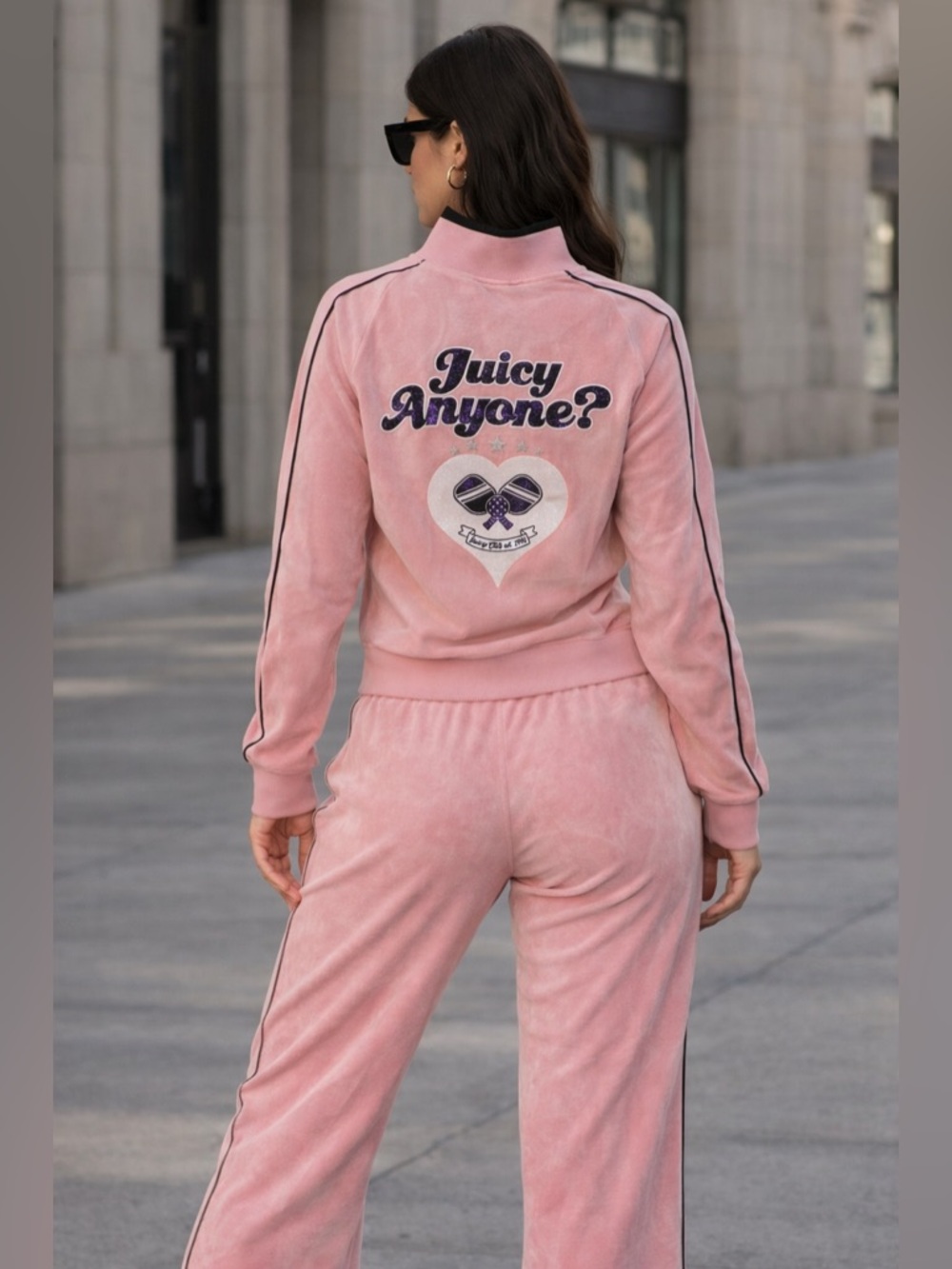 Juicy Couture Pink Velour Wide-Leg Track Pants with Blue Side Stripes - Picture 12 of 13